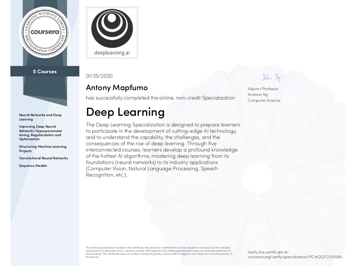 Antony mapfumo - Deep Learning Certificate