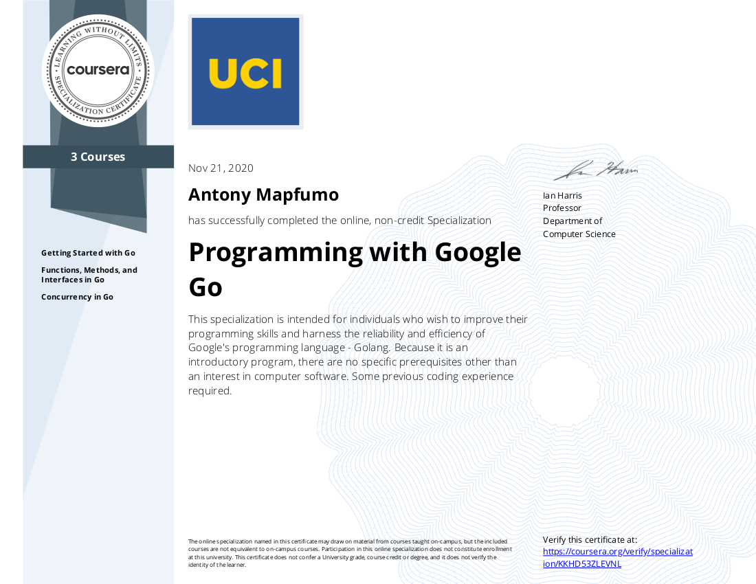 Antony mapfumo - Golang Certificate