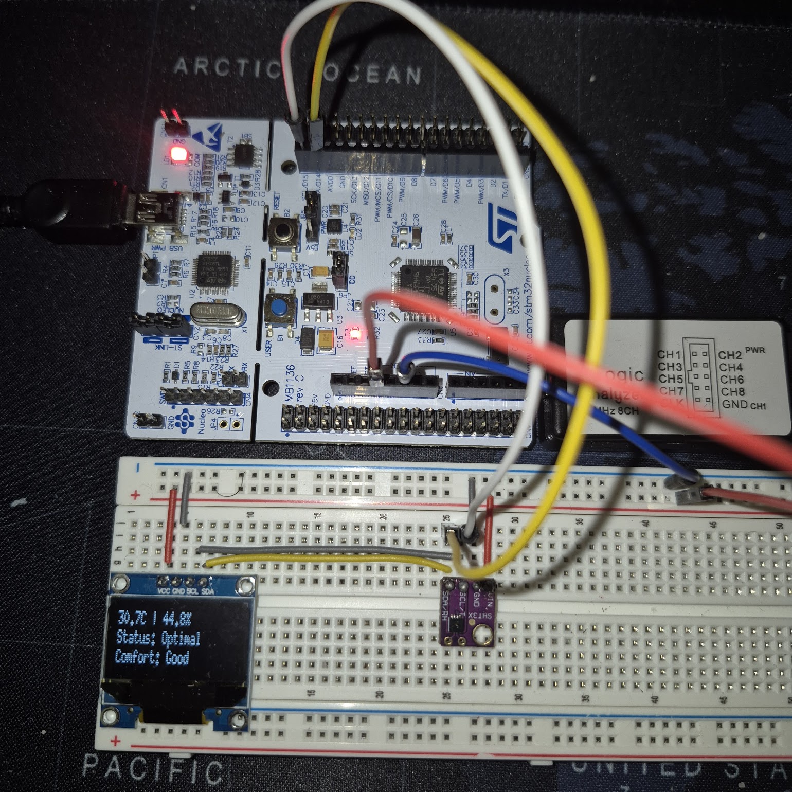 STM32F446RE NUCLEO board with SHT31-D temperature & humidity sensor and SSD1306 OLED display